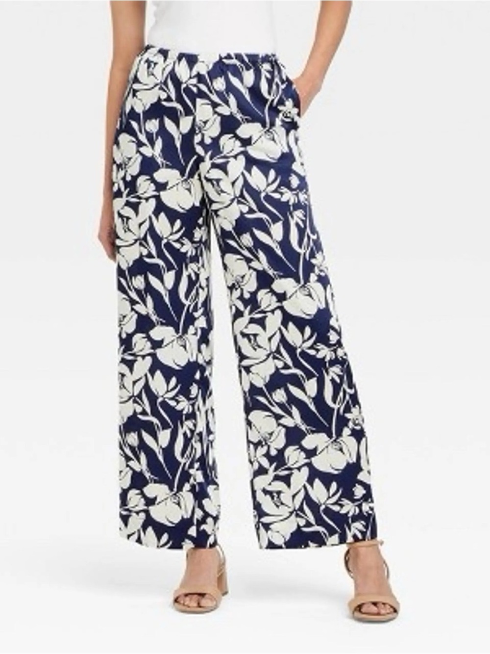 a new day Navy and Beige Cream Floral Wide-Leg Pants with Pockets size XL